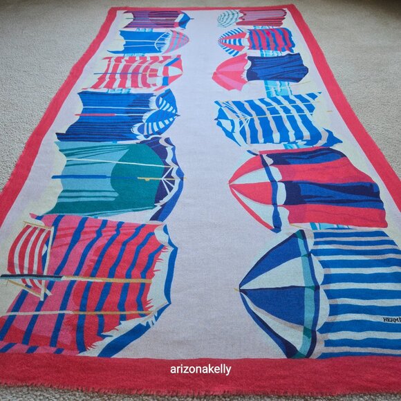 Hermès WOOL STOLE Charmes des Plages Normandes Rectangle Scarf Beach Cabanas - Picture 15 of 16